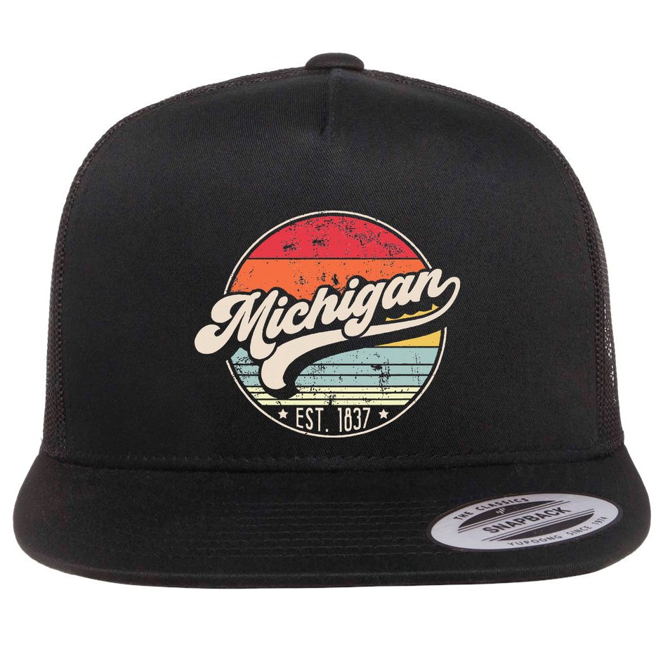 Retro Michigan Home State Mi Cool 70s Style Sunset Flat Bill Trucker Hat
