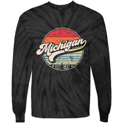 Retro Michigan Home State Mi Cool 70s Style Sunset Tie-Dye Long Sleeve Shirt