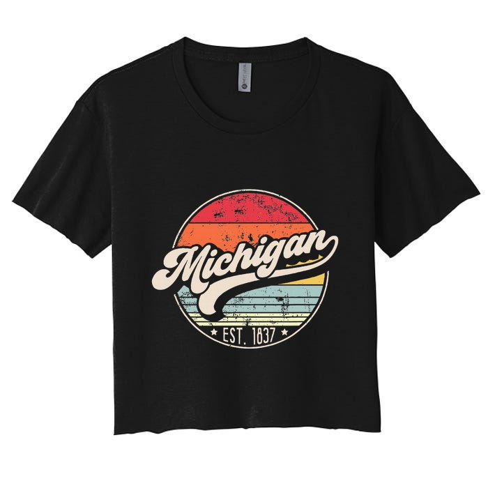 Retro Michigan Home State Mi Cool 70s Style Sunset Women's Crop Top Tee