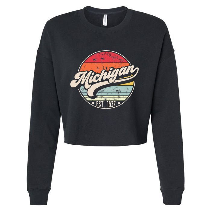 Retro Michigan Home State Mi Cool 70s Style Sunset Cropped Pullover Crew