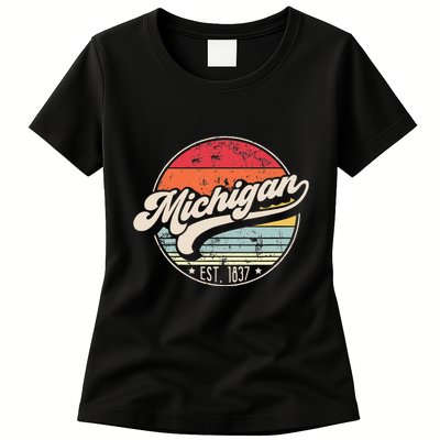 Retro Michigan Home State Mi Cool 70s Style Sunset Womens T-Shirt