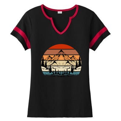 Retro Mountain Hike Hobby Sport Hiker Gift Camping Ladies Halftime Notch Neck Tee