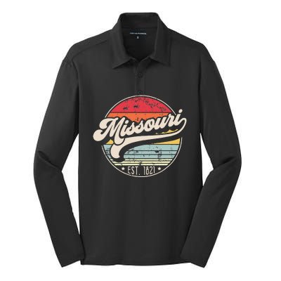 Retro Missouri Home State Mo Cool 70s Style Sunset Silk Touch Performance Long Sleeve Polo