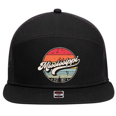 Retro Mississippi Home State Ms Cool 70s Style Sunset 7 Panel Mesh Trucker Snapback Hat