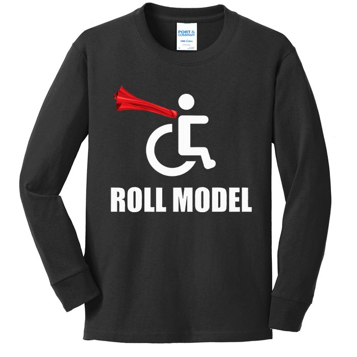 Roll Model Hero Cape Funny Wheelchair Pun Gift Kids Long Sleeve Shirt