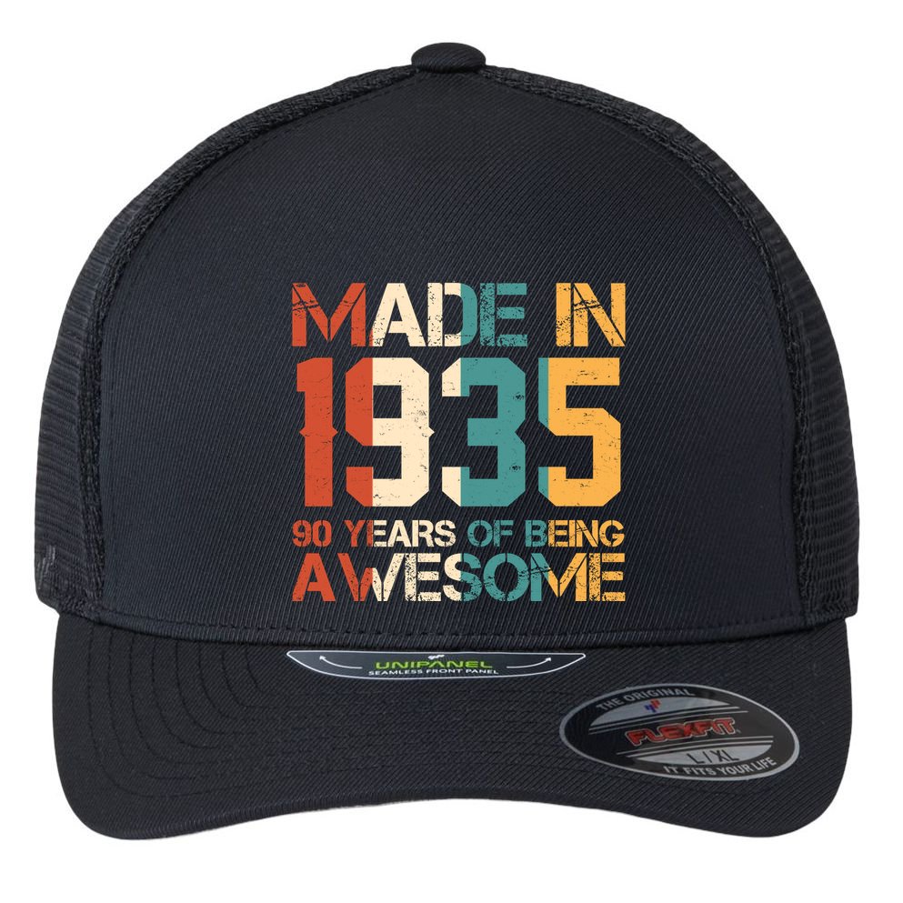 Retro Made In 1935 90 Years Of Being Awesome Birthday Flexfit Unipanel Trucker Cap