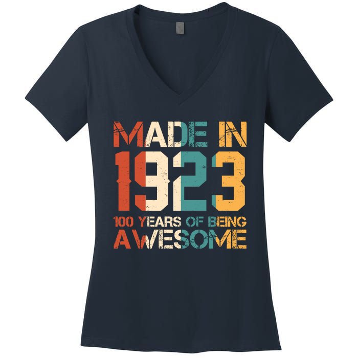 Retro Made In 1923 100 Years Of Being Awesome Birthday Women's V-Neck T-Shirt