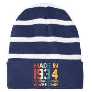 Retro Made In 1934 90 Years Of Being Awesome Birthday Striped Beanie with Solid Band