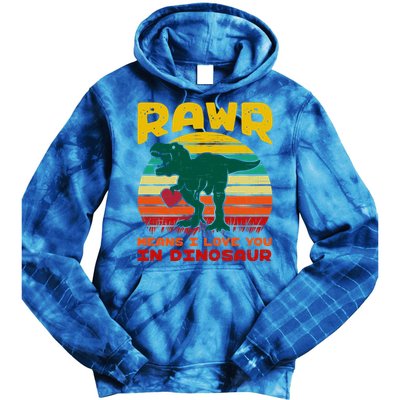 Rawr Means I Love You In Dinosaur Retro Sunset Heart Vintage Gift Tie Dye Hoodie