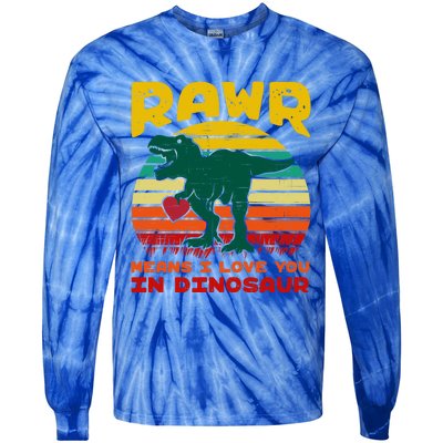 Rawr Means I Love You In Dinosaur Retro Sunset Heart Vintage Gift Tie-Dye Long Sleeve Shirt