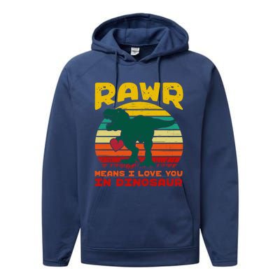 Rawr Means I Love You In Dinosaur Retro Sunset Heart Vintage Gift Performance Fleece Hoodie