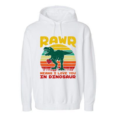 Rawr Means I Love You In Dinosaur Retro Sunset Heart Vintage Gift Garment-Dyed Fleece Hoodie