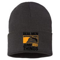 Real Men Jump From Things Tombstoning Cliff Diver Jumping Sustainable Knit Beanie