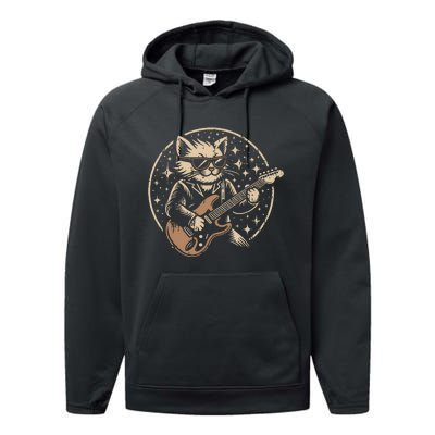 Retro Music Lover Heavy Metal Electric Guitar Funny Rock Cat Performance Fleece Hoodie