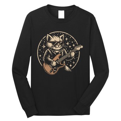 Retro Music Lover Heavy Metal Electric Guitar Funny Rock Cat Long Sleeve Shirt