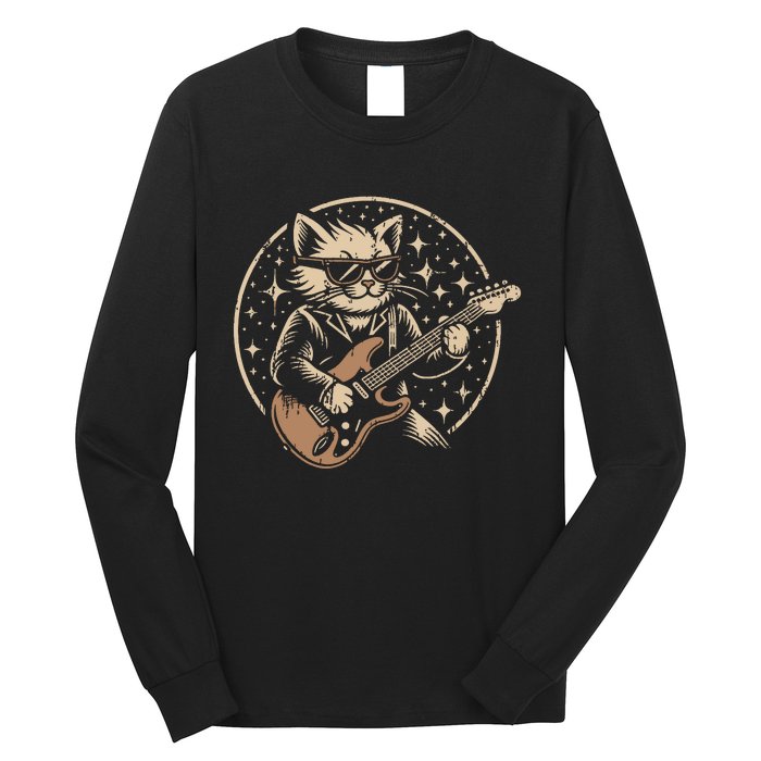 Retro Music Lover Heavy Metal Electric Guitar Funny Rock Cat Long Sleeve Shirt