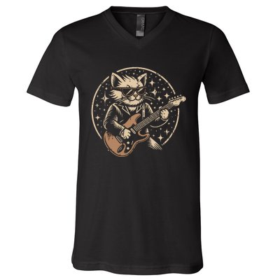 Retro Music Lover Heavy Metal Electric Guitar Funny Rock Cat V-Neck T-Shirt