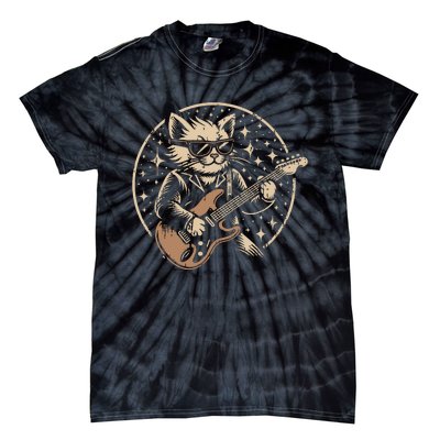 Retro Music Lover Heavy Metal Electric Guitar Funny Rock Cat Tie-Dye T-Shirt