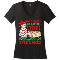 Retro Most Likely To Eat All The Christmas Tree Cakes Debbie Women's V-Neck T-Shirt