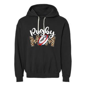 Rugby Mom Leopard Funny Wo Mommy Mother's Day Garment-Dyed Fleece Hoodie