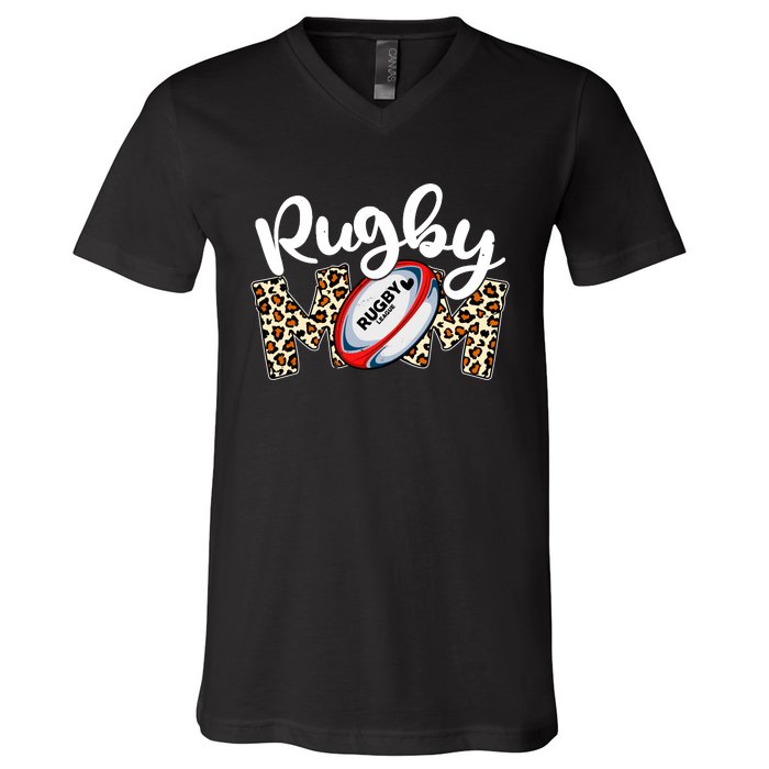 Rugby Mom Leopard Funny Wo Mommy Mother's Day V-Neck T-Shirt