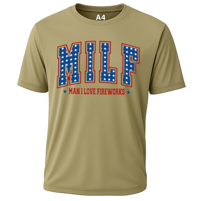 Retro Milf Man I Love Fireworks Funny American 4th Of July Cooling Performance Crew T-Shirt