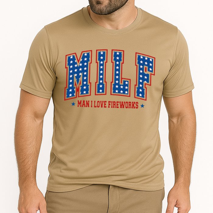 Retro Milf Man I Love Fireworks Funny American 4th Of July Cooling Performance Crew T-Shirt