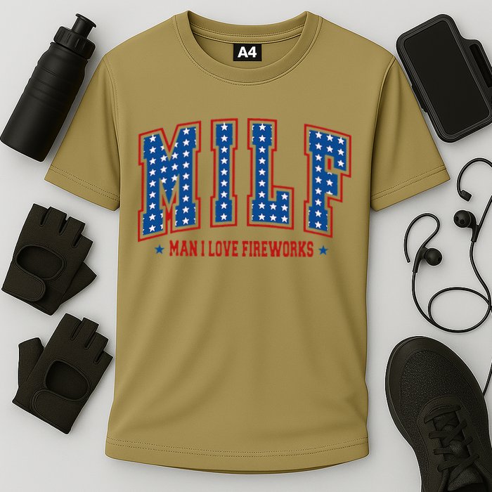 Retro Milf Man I Love Fireworks Funny American 4th Of July Cooling Performance Crew T-Shirt
