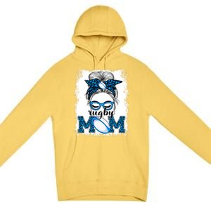 Rugby Mom Mother's Day Game Day Messy Bun Leopard Gift Premium Pullover Hoodie