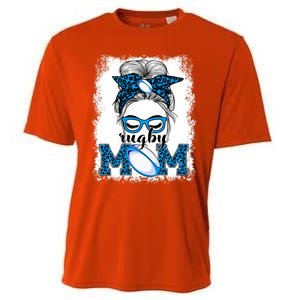 Rugby Mom Mother's Day Game Day Messy Bun Leopard Gift Cooling Performance Crew T-Shirt