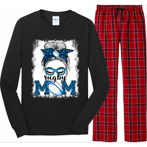 Rugby Mom Mother's Day Game Day Messy Bun Leopard Gift Long Sleeve Pajama Set