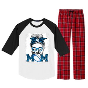 Rugby Mom Mother's Day Game Day Messy Bun Leopard Gift Raglan Sleeve Pajama Set