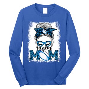 Rugby Mom Mother's Day Game Day Messy Bun Leopard Gift Long Sleeve Shirt