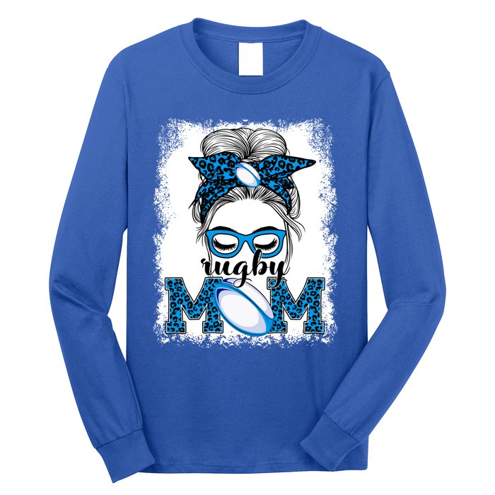 Rugby Mom Mother's Day Game Day Messy Bun Leopard Gift Long Sleeve Shirt