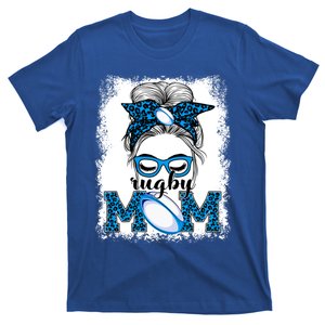 Rugby Mom Mother's Day Game Day Messy Bun Leopard Gift T-Shirt