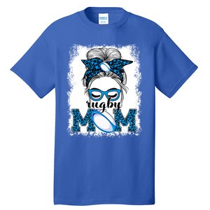 Rugby Mom Mother's Day Game Day Messy Bun Leopard Gift Tall T-Shirt