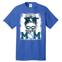 Rugby Mom Mother's Day Game Day Messy Bun Leopard Gift Tall T-Shirt