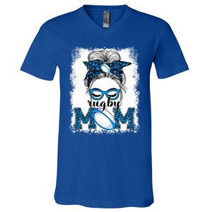 Rugby Mom Mother's Day Game Day Messy Bun Leopard Gift V-Neck T-Shirt