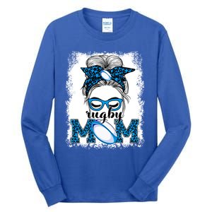 Rugby Mom Mother's Day Game Day Messy Bun Leopard Gift Tall Long Sleeve T-Shirt