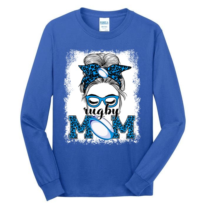 Rugby Mom Mother's Day Game Day Messy Bun Leopard Gift Tall Long Sleeve T-Shirt