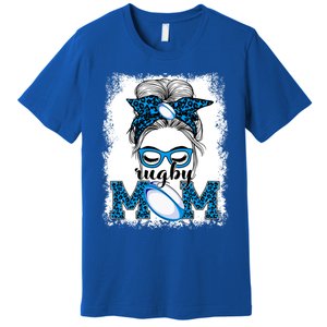 Rugby Mom Mother's Day Game Day Messy Bun Leopard Gift Premium T-Shirt