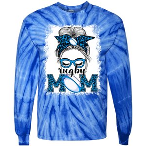 Rugby Mom Mother's Day Game Day Messy Bun Leopard Gift Tie-Dye Long Sleeve Shirt