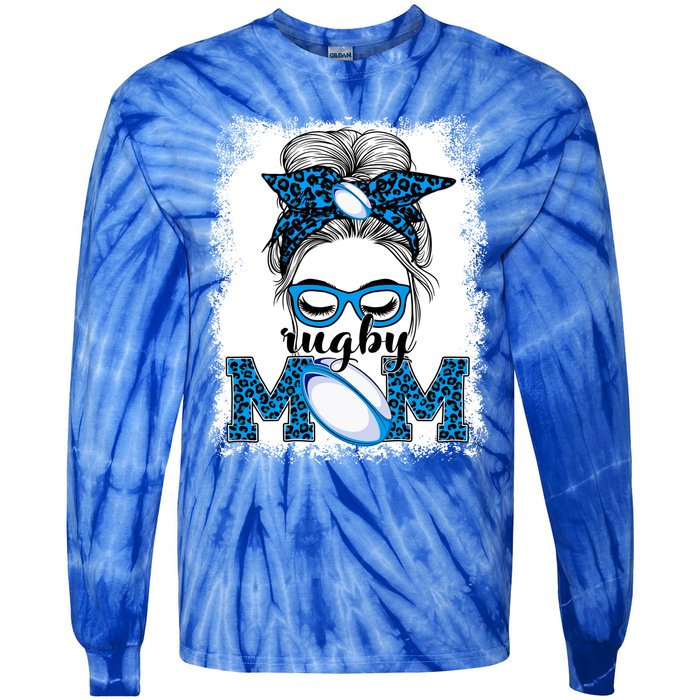 Rugby Mom Mother's Day Game Day Messy Bun Leopard Gift Tie-Dye Long Sleeve Shirt