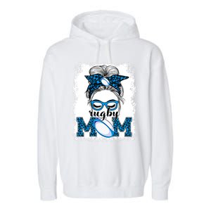 Rugby Mom Mother's Day Game Day Messy Bun Leopard Gift Garment-Dyed Fleece Hoodie