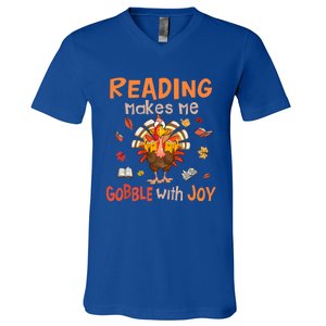 Reading Makes Me Gobble With Joy Funny Turkey Reading Book Gift V-Neck T-Shirt