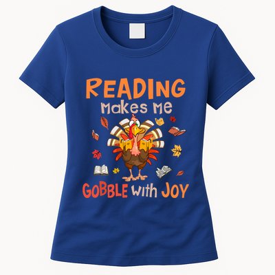 Reading Makes Me Gobble With Joy Funny Turkey Reading Book Gift Womens T-Shirt