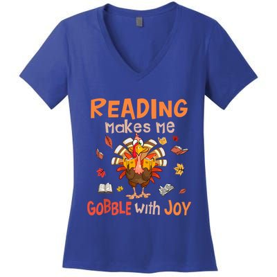 Reading Makes Me Gobble With Joy Funny Turkey Reading Book Gift Women's V-Neck T-Shirt