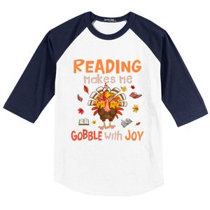 Reading Makes Me Gobble With Joy Funny Turkey Reading Book Gift Baseball Sleeve Shirt