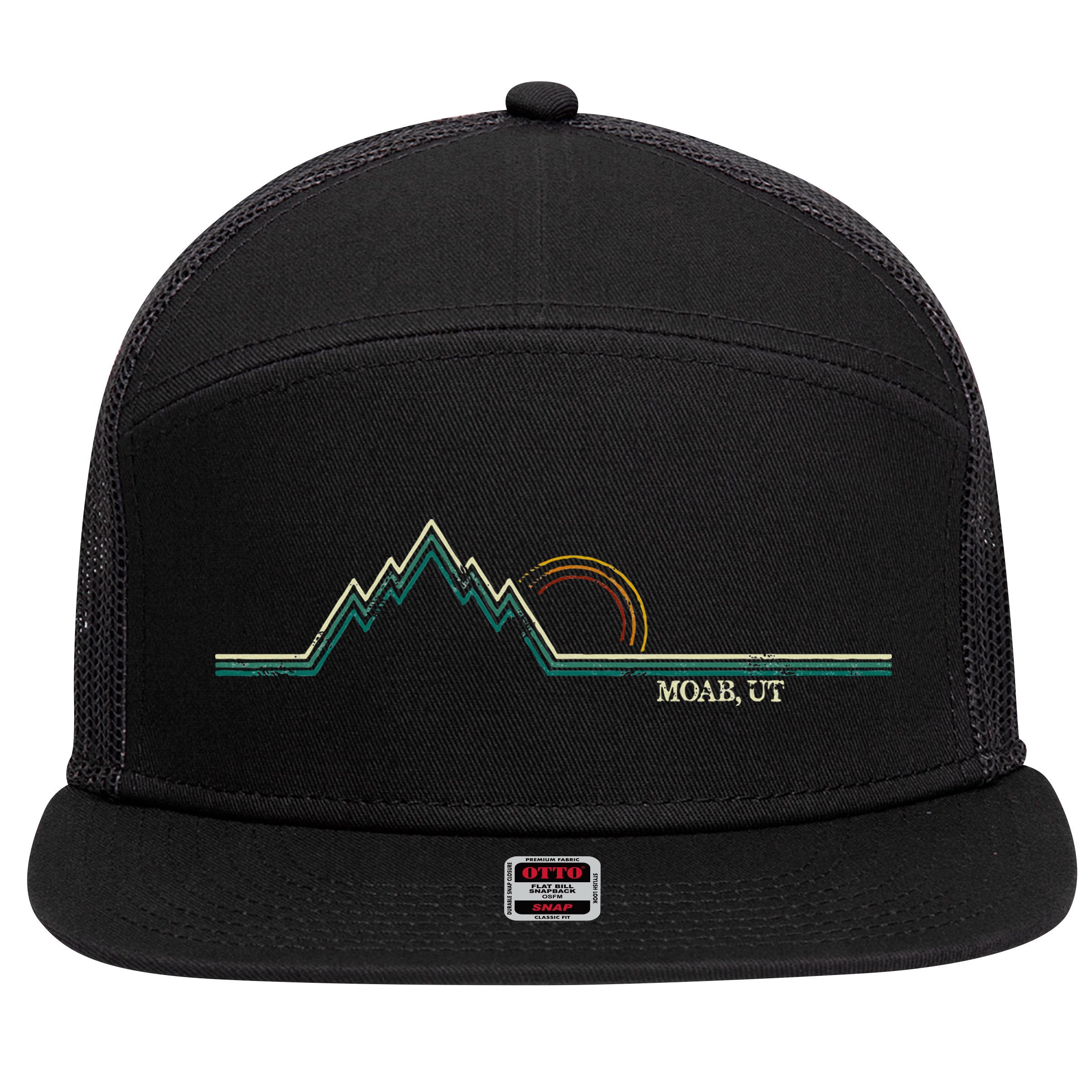 Retro Mountains Moab Utah Summer Hiking 7 Panel Mesh Trucker Snapback Hat