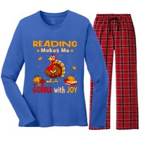 Reading Makes Me Gobble With Joy Turkey Reading Book Meaningful Gift Women's Long Sleeve Flannel Pajama Set 